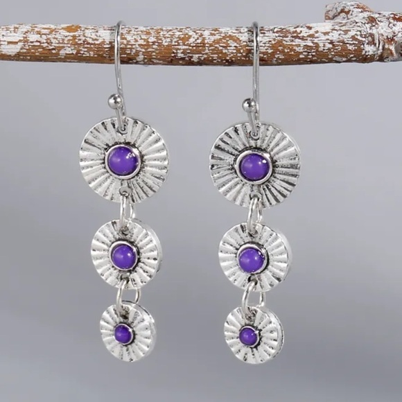 925 Sterling Silver Plated Purple Synthetic Gemstone Boho Dangle Earrings - Picture 1 of 5